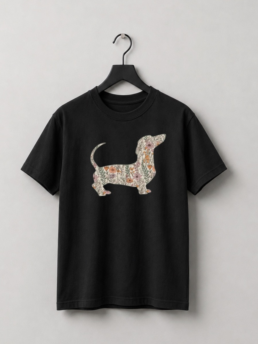 Black Tee with Floral Dachshund Silhouette